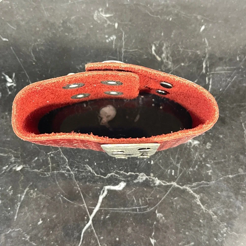 Plunder Red Leather Cuff Bracelet with P‎ Initial Metal Accent Snap Closure